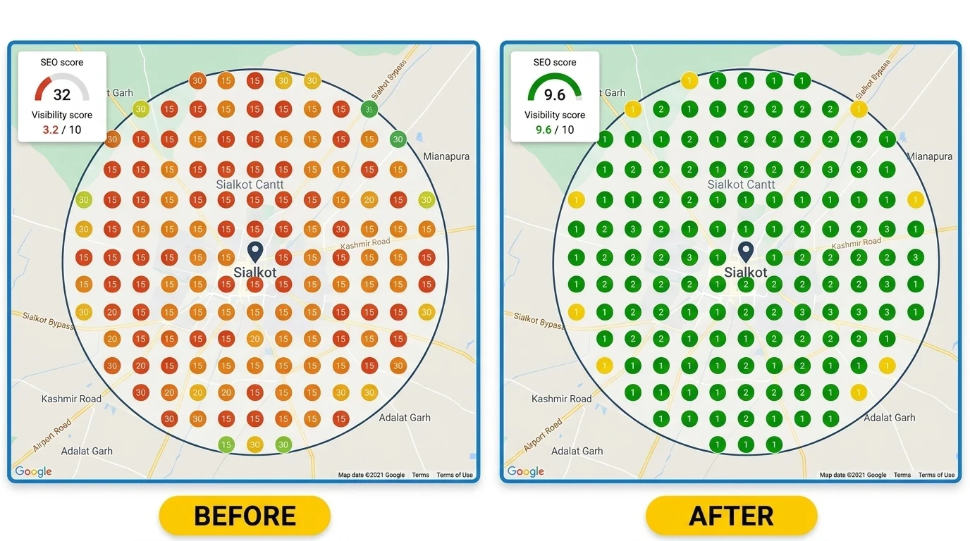 Google Maps rank tracking map for Sialkot before and after local SEO showing red dots turn to green dots in top 3