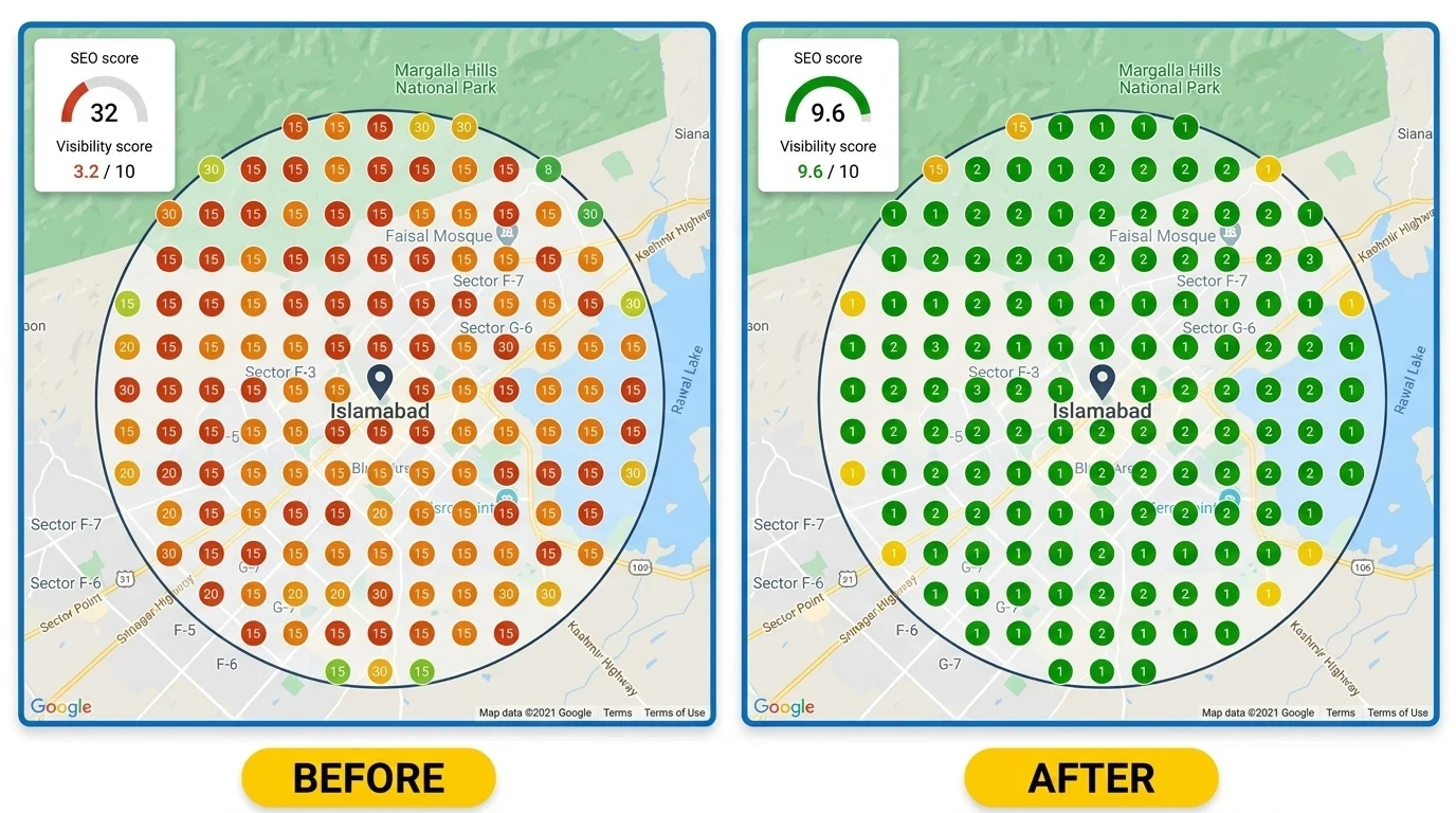 Google Maps rank check for Islamabad before and after local SEO showing jump from 3.2 to 9.6 out of 10 across F-7 and Blue Area